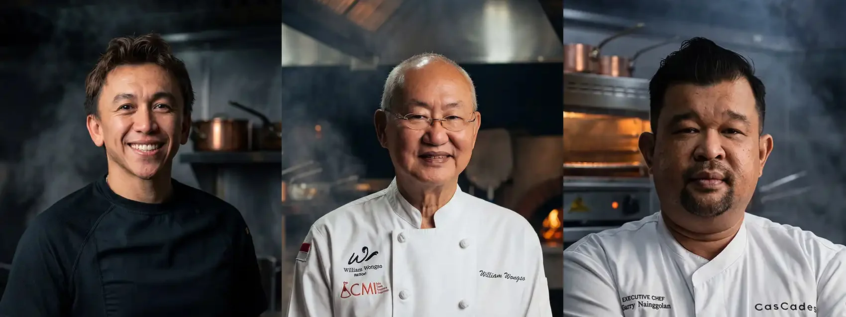 Three renowned chefs in a professional kitchen at a restaurant in Ubud, showcasing culinary expertise and fine dining craftsmanship.
