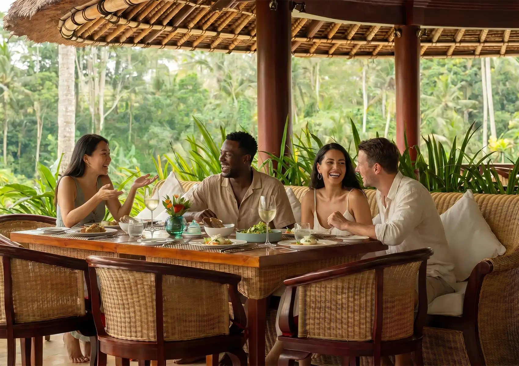 Four friends laughing and enjoying a meal together at a woven dining set under a traditional thatched roof at an open-air restaurant in ubud.