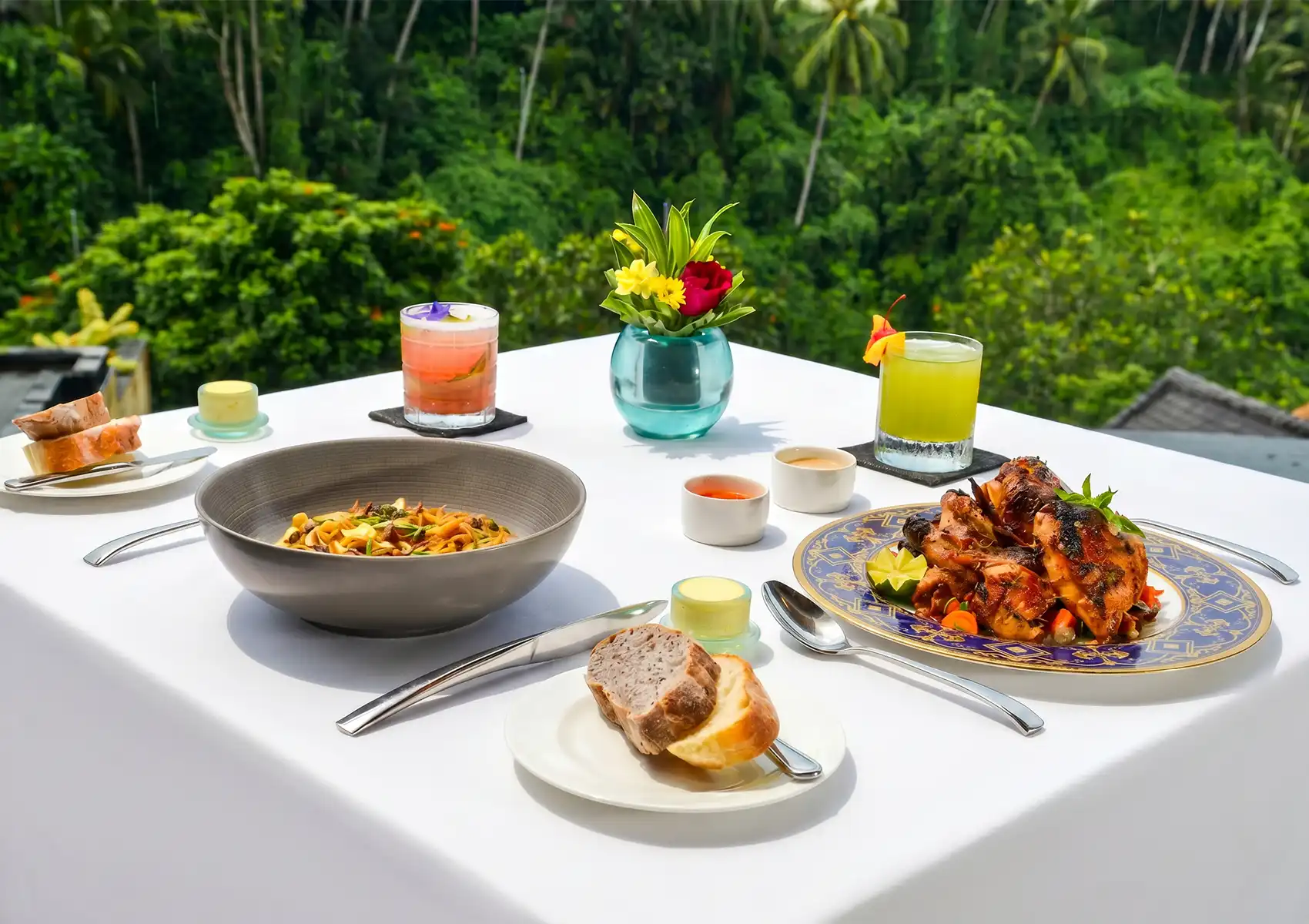 A beautifully set table featuring a feast of Indonesian heritage dishes, colorful cocktails, and fresh bread, overlooking a lush green jungle valley at a scenic restaurant in Ubud