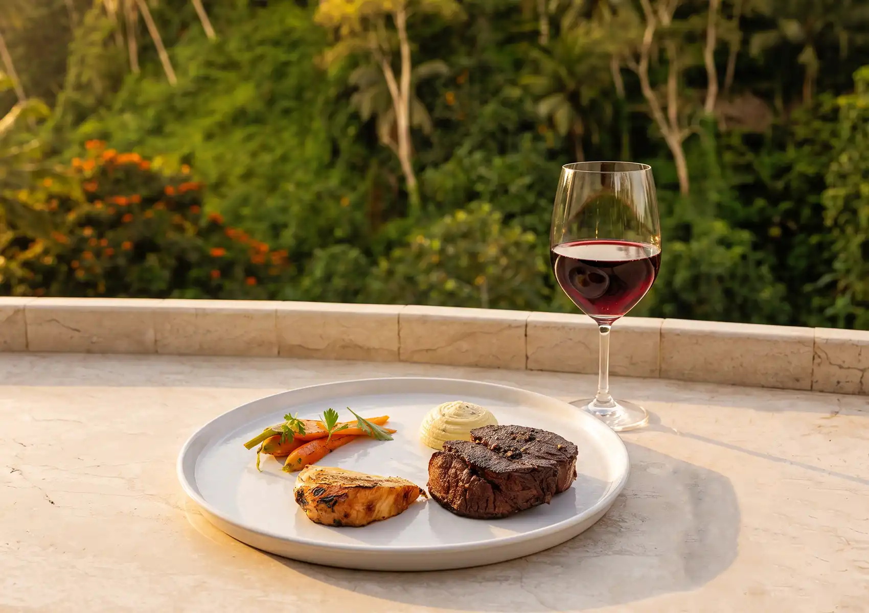 An elegantly plated grilled steak dinner with roasted carrots and a glass of red wine, set on a sunny stone balcony overlooking a lush tropical jungle valley at a Restaurant in ubud.