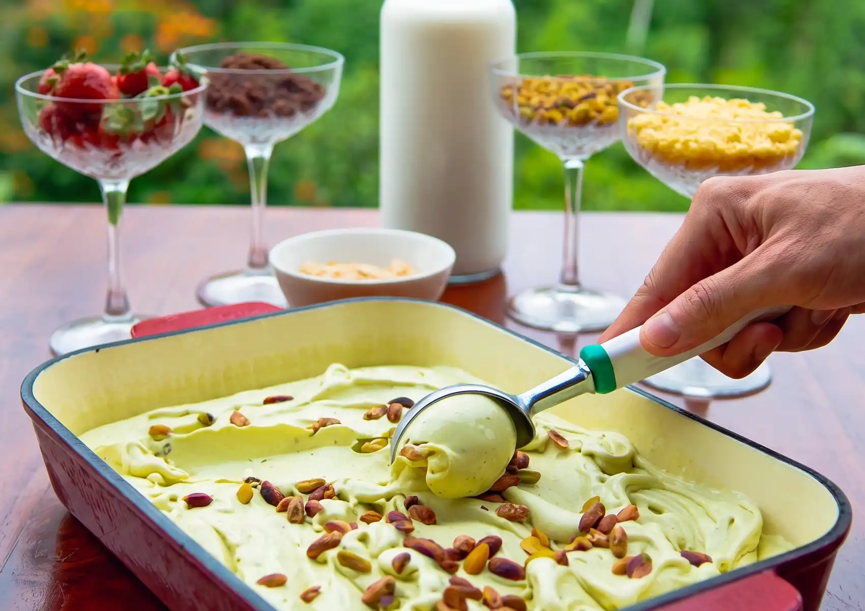 A person using a scoop to serve fresh, creamy pistachio ice cream from a rectangular dish, surrounded by various dessert toppings like strawberries, chocolate shavings, and nuts, offering a sweet gluten-free option at a Restaurant in ubud.